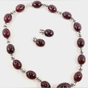 Trifari Rare Elegant Silver and Deep Red Beaded Necklace Set